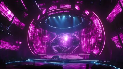 Poster - Sci fi stage design with glowing neon lines in pink AI generated illustration