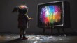 © DZMITRY - A girl manipulates the colorful light from a large television, producing rainbow paint drops from a retro TV, depicted in a digital art style.