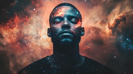 Poster - Surreal portrait of a man with galaxy patterns blend AI generated illustration