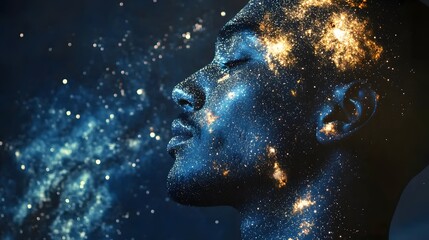 Poster - Surreal portrait of a man with galaxy patterns blend AI generated illustration