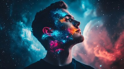 Fototapete - Surreal portrait of a man with galaxy patterns blend AI generated illustration