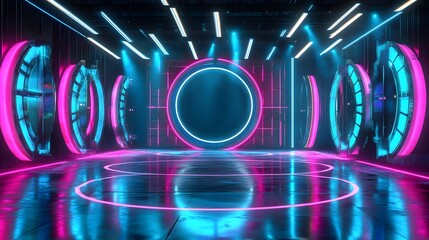 Leinwandbilder - Techno themed digital stage with glowing concentric AI generated illustration