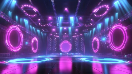 Poster - Techno themed digital stage with glowing concentric AI generated illustration
