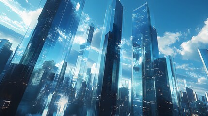 Poster - Upward view of futuristic glass towers in a business AI generated illustration