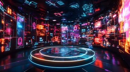 Poster - Virtual reality stage with bright glowing neon shape AI generated illustration