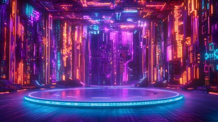 Poster - Virtual reality stage with bright glowing neon shape AI generated illustration