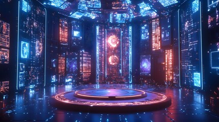 Poster - Virtual reality stage with bright glowing neon shape AI generated illustration