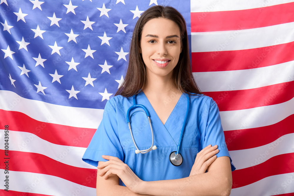 Female doctor with stethoscope against USA flag background