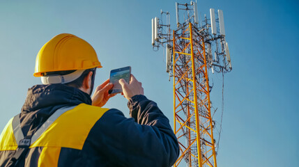 Male engineer photographing cellular tower on clear day