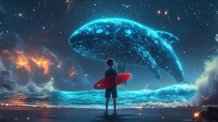 Wall Mural - A mother and daughter gaze at a whale illuminated by blue light in the night sky, depicted in a digital art style, as an illustration painting.