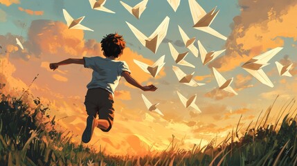 Wall Mural - In a digital art style illustration, a boy plays with paper airplanes and gazes at planes flying in the sunset sky.