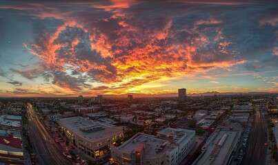 Sticker - Fiery sunset over city, traffic streaks below.