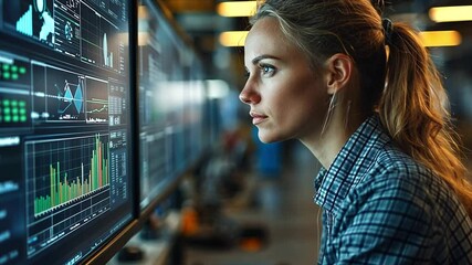 Poster - Focused woman analyzes data on multiple screens in a modern office environment
