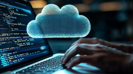 Poster - Man typing on laptop, cloud service hologram and devices sync 4K Video