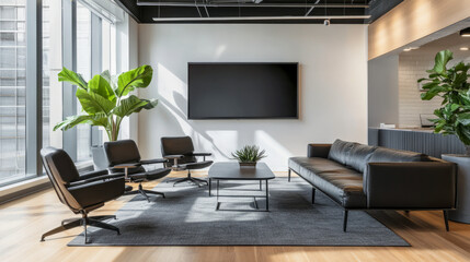 Poster - Modern office lounge with black leather furniture and large window