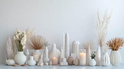 Poster - Stylish home decor with vases, candles, and foliage harmoniously arranged on a minimal white background for a tranquil vibe. Generative AI