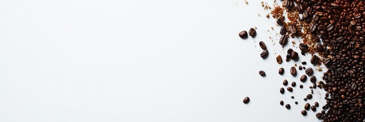 Fototapete - Different types of coffee beans are arranged on a white surface, leaving ample blank space on the right for adding text and branding. Generative AI