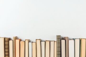 Aufkleber - Books from multiple genres are organized in a straight line on a bright white background, showcasing their colorful spines and textures. Generative AI