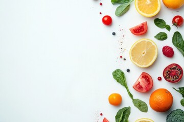 Aufkleber - A vibrant mix of fresh fruits and vegetables is beautifully arranged against a white background, showcasing their natural colors and textures. Generative AI