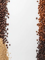 Poster - Different varieties of coffee beans are arranged on a white background, offering a clean space to add text or graphics. Generative AI