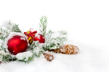 Wall Mural - christmas decoration. branch christmas tree, christmas balls, gift box and cones spruce on snow on w