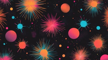 Wall Mural - Comic-style wallpaper with neon starbursts and orbs on a bold black backdrop