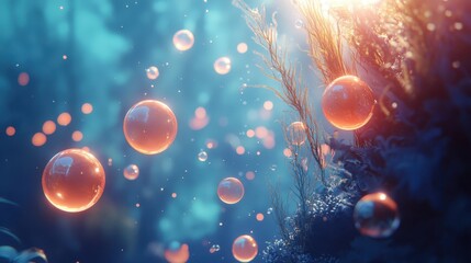 Wall Mural - Dynamic glowing bubbles floating in clear blue underwater space