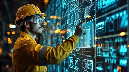 Poster - Engineer interacts with digital interface in a high-tech industrial setting overseeing operations