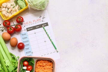 Wall Mural - Healthy products and weekly meal plan on light background. Diet concept