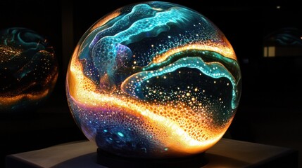 Poster - Illuminated Sphere Displaying Vibrant Colors and Patterns in a Dark Artistic Setting
