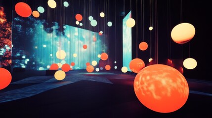 Poster - Glowing Spheres Floating in Surreal Space Art Installation with Vibrant Colors