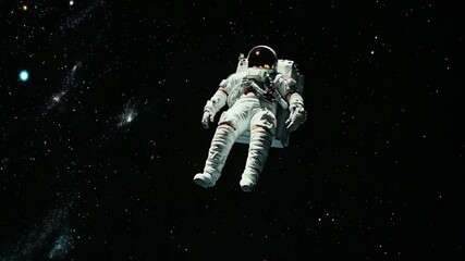 Wall Mural - Astronaut in spacesuit floating in outer space. Space exploration and travel concept. Science mission and research. Aerospace industry and education