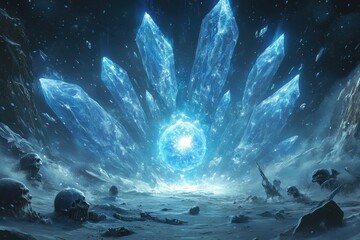 Wall Mural - A blue and white fantasy scene with a large crystal ball in the center