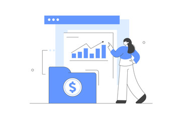 Poster - Financial. Character investing money in stock market. Analyzing financial graphs, latest stock market news and other data. Stock trading concept. Flat Cartoon Vector Illustration, icon. Stylish 