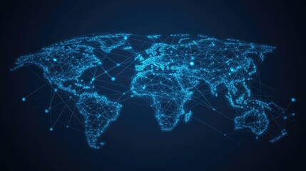 Poster - A digital representation of a world map with interconnected nodes, symbolizing global connectivity and technology.