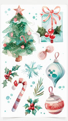 Wall Mural - Festive watercolor stickers set featuring christmas tree and ornaments for holiday crafts