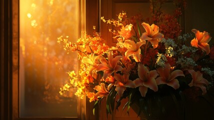 Poster - A stunning bouquet of orange lilies and assorted flowers fills a vase by a window. Soft sunlight pours in, creating a warm glow that enhances the vibrant colors of the blossoms during evening hours.