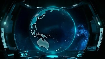 Poster - Holographic Earth globe in spaceship interior. Digital planet visualization with glowing effects. Futuristic global network concept for business presentation and technology design