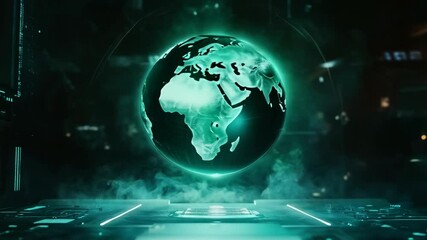 Poster - Earth globe hologram in future room. Digital planet visualization with glowing effect. Futuristic global network concept. Holographic map