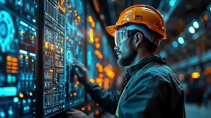 Poster - Engineer interacts with advanced control panel in a high-tech facility during nighttime