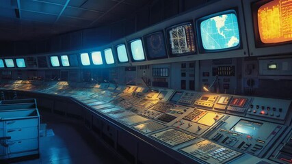 Poster - Futuristic spaceship control room. Retro command center. Space mission monitoring. Travel and exploration concept. Spacecraft interior design.