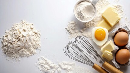 Poster - Flour, eggs, whisk, and butter are neatly arranged on a white background, highlighting essential baking ingredients for delicious pastries. Generative AI
