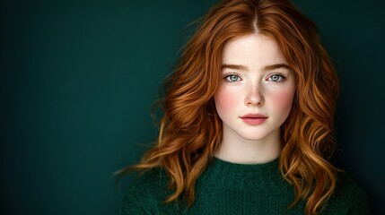 Wall Mural -   Close-up of a woman's face with long red hair and blue eyes, wearing a green sweater