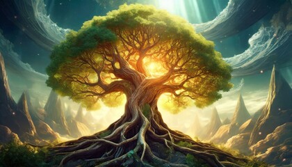 Wall Mural - tree of life in the light 3d rendering, concept art, fantasy art, very detailed, close-up