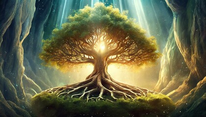 Wall Mural - Tree of LIfe in the Light 3d rendering, concept art, fantasy art, very detailed, close-up