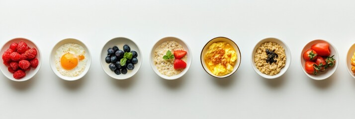 Aufkleber - A vibrant breakfast selection showcases a variety of dishes including porridge, fresh fruit, omelet, and croissant, enticing and nutritious. Generative AI