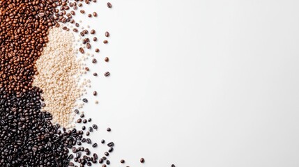 Aufkleber - Coffee beans of multiple varieties are arranged on a white background, leaving ample room for notes or text. A blend of textures and colors. Generative AI