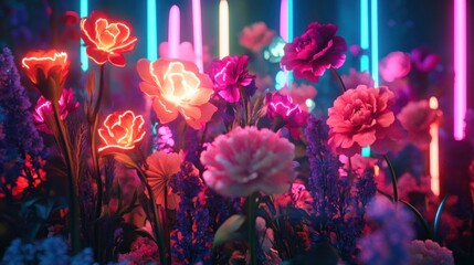 Poster - Illuminated Neon Flowers Creating a Vibrant Display in a Futuristic Garden Environment