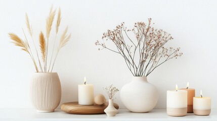 Poster - A collection of stylish home decor elements, including vases, candles, and small plants, arranged harmoniously on a white surface. Generative AI