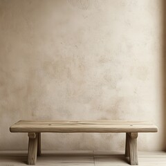 Poster - Rustic wooden bench sits against beige stucco wall. Empty space perfect for display. Interior design minimalist style modern hall. Natural light. Simple wooden furniture. Aged look. Neutral colors.